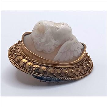 Antique Gold Victorian Front Face Cherub Hard Stone Cameo Brooch Circa 1876