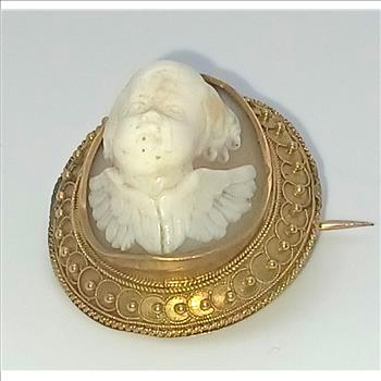 Antique Gold Victorian Front Face Cherub Hard Stone Cameo Brooch Circa 1876