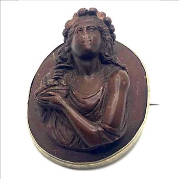 Antique Gold Victorian Lava Front Face Cherub Cameo Brooch Circa 1876