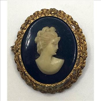 Antique Gold Victorian Lava Front Face Cherub Cameo Brooch Circa 1876