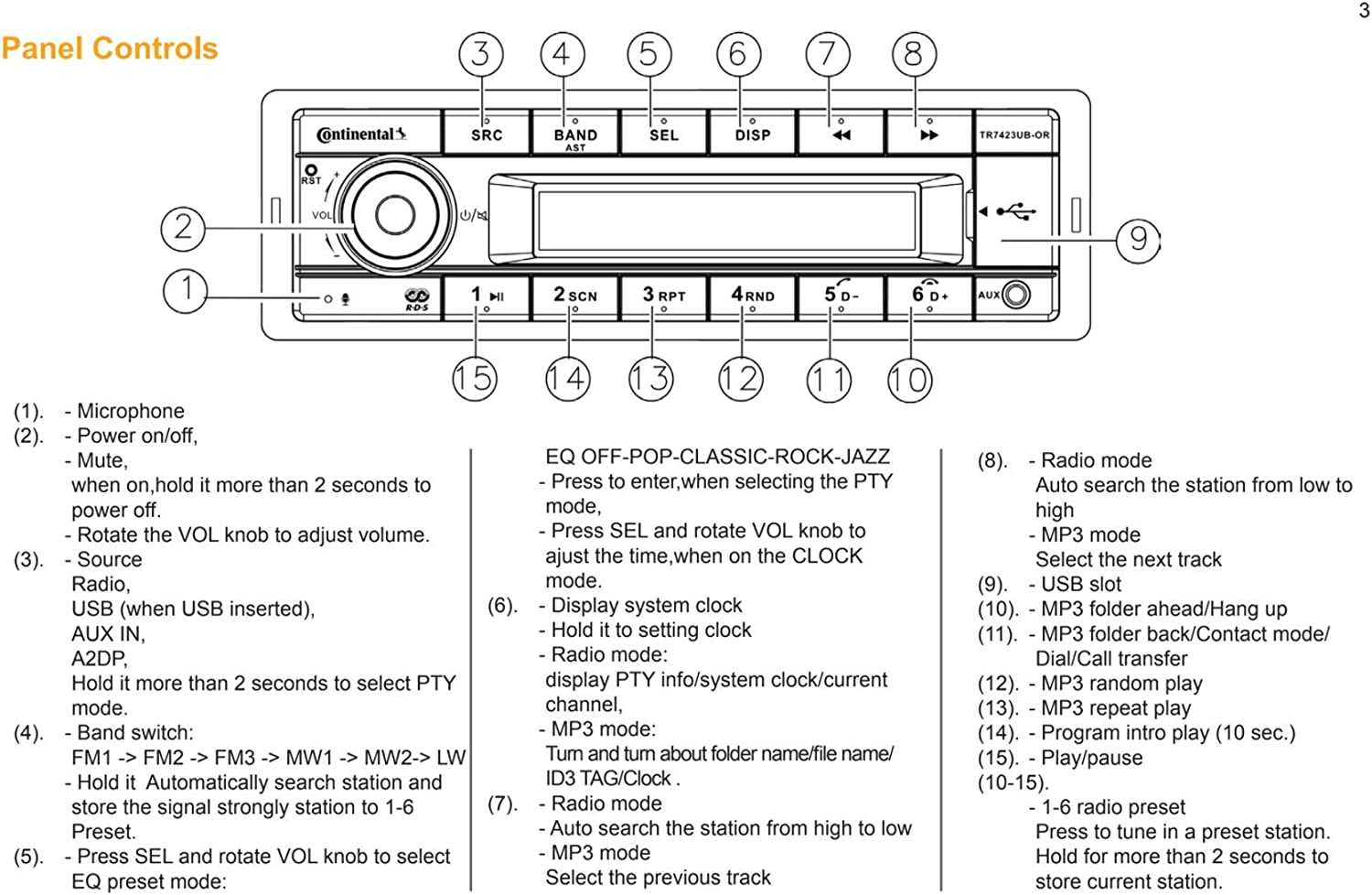 VDO Continental TR7412UBOR European Style 12v Radio Orange Display