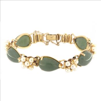 STUNNING MINGS HONOLULU 14KT YELLOW GOLD JADE AND PEARL BRACELET