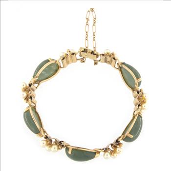 STUNNING MINGS HONOLULU 14KT YELLOW GOLD JADE AND PEARL BRACELET