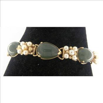 STUNNING MINGS HONOLULU 14KT YELLOW GOLD JADE AND PEARL BRACELET