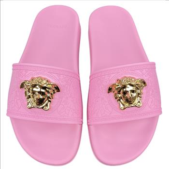 VERSACE PINK PALAZZO POOL SLIDES WITH MEDUSA PLAQUE