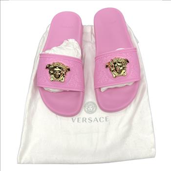 VERSACE PINK PALAZZO POOL SLIDES WITH MEDUSA PLAQUE