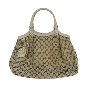 GUCCI MONOGRAM SUKEY TOTE BAG IN OFF WHITE LEATHER TRIM AND CANVAS