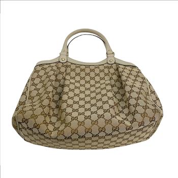 GUCCI MONOGRAM SUKEY TOTE BAG IN OFF WHITE LEATHER TRIM AND CANVAS