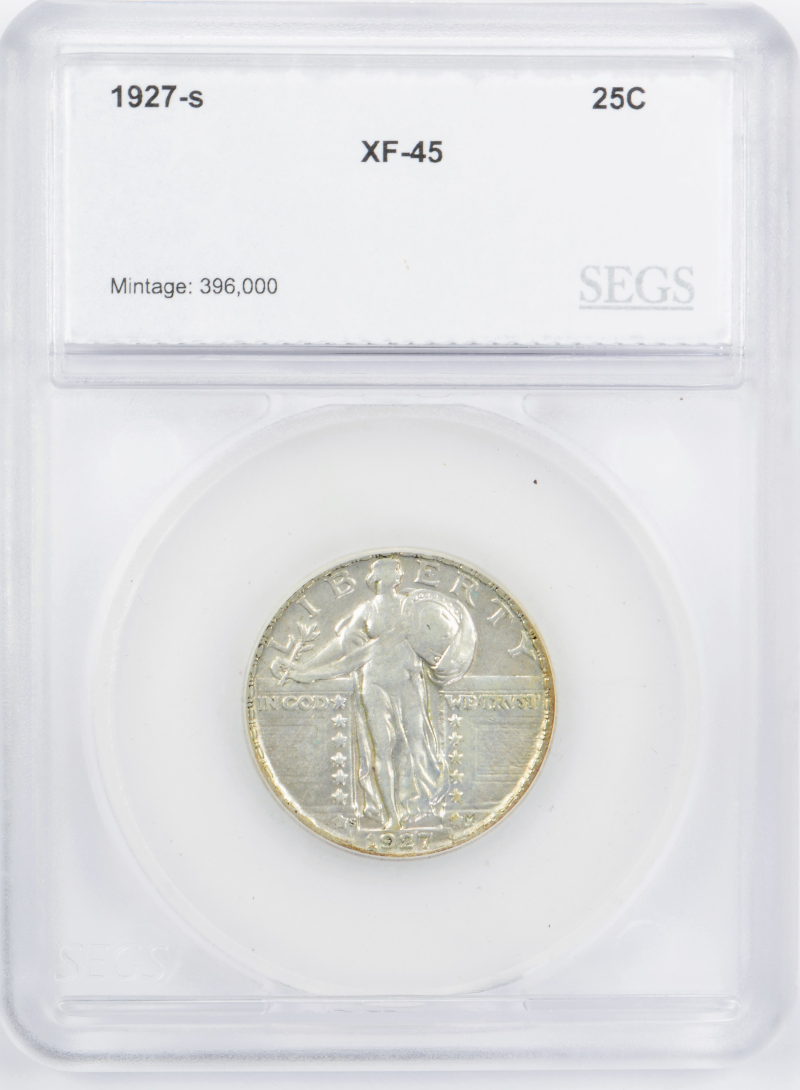 1927-S Standing Liberty Quarter 25c - SEGS XF45 - Wholesale Price is $1,300 - Reserve is 30% lower than that Price! Key Date!