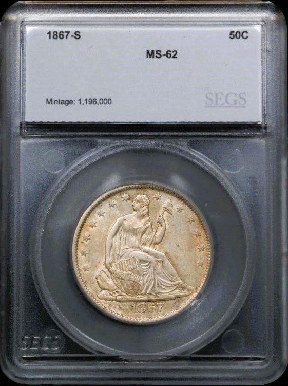 1867-S Seated Liberty Half Dollar - SEGS MS62 - Greysheet Price (Wholesale) is $2,000.00! Reserve is 40% Lower than that price!