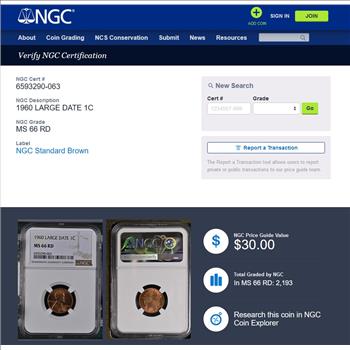 1960 Large Date Lincoln Memorial Cent 1c - NGC MS66 RD RED - NGC PRICE GUIDE $30.00