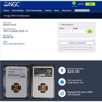 1970-S Large Date Lincoln Memorial Cent 1c - NGC MS66 RD RED - NGC PRICE GUIDE $25.00