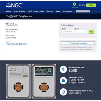 1935-D Lincoln Wheat Cent 1c - NGC MS67 RD RED - NGC Price Guide $500.00 - Reserve is 52% lower than that price!