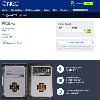 1964 Lincoln Memorial Cent 1c - NGC MS66 RD RED - NGC PRICE GUIDE $30.00