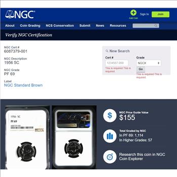 1956 Proof Jefferson Nickel 5c - NGC PR69 - NGC Price Guide $155.00