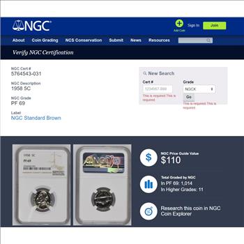 1958 Proof Jefferson Nickel 5c - NGC PR69 - NGC Price Guide $110.00