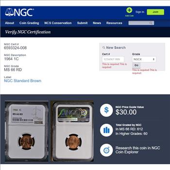1964 Lincoln Memorial Cent 1c - NGC MS66 RD RED - NGC PRICE GUIDE $30.00
