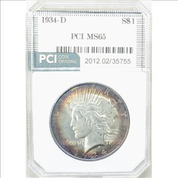 1934-D Peace Dollar - Graded by PCI MS65 - Greysheet (Wholesale Price) is $1,425.00. Reserve is 40% lower than that price!