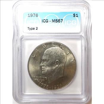 1976 Type 2 Ike Dollar $1 - ICG MS67 - PCGS Price Guide $2,600.00 - Reserve is 85% lower than that price!