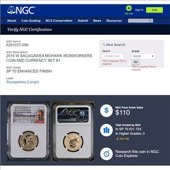 2015-W $1 Sacagawea Mohawk Ironworkers Dollar NGC SP70 Enhanced Finish - NGC Price Guide $110.00