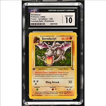 1999 Pokemon AERODACTYL #1 1ST EDITION PRERELEASE (GOLD STAMP) - Fossil - COSMOS HOLO - CGC GEM MINT 10 - Price Guide $1,185 - Reserve is 50% less than that price!