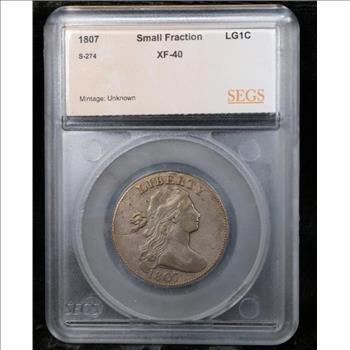 1807 Small Fraction Draped Bust Large Cent 1c S-274 - SEGS XF40 - ULTRA RARE VARIETY! Greysheet Price (Wholesale) is $8,000.00