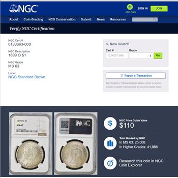 1899-O Morgan Dollar $1 - NGC MS63 - NGC Price Guide $110.00 - Beautiful Toning!! Freshly Graded!!