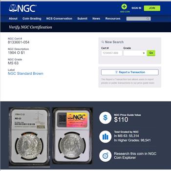 1904-O Morgan Dollar $1 - NGC MS63 - NGC Price Guide $110.00 - Freshly Graded!!