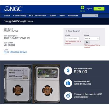 1982-D Zinc Small Date Lincoln Memorial Cent 1c - NGC MS66 RD RED - NGC PRICE GUIDE $25.00