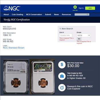 1964 Lincoln Memorial Cent 1c - NGC MS66 RD RED - NGC PRICE GUIDE $30.00