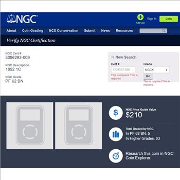 1892 Proof Indian Cent 1c - NGC PR62 BN - Only 2,745 Minted! NGC Price Guide is $210.00