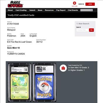 2004 Pokemon METAPOD #39 - EX Fire Red & Leaf Green - CGC GEM MINT 10 - RARE!!!! POP OF ONLY 3!!