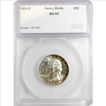 1934-D Washington Quarter Heavy Motto 25c - SEGS MS64 - Absolutely Beautiful!