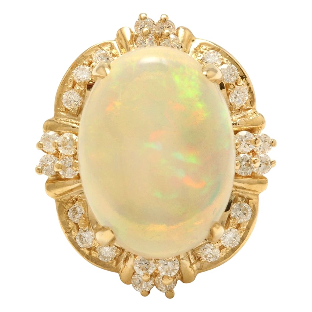 13.80 Carats Natural Ethiopian Opal and Diamond 14K Solid Yellow Gold Ring