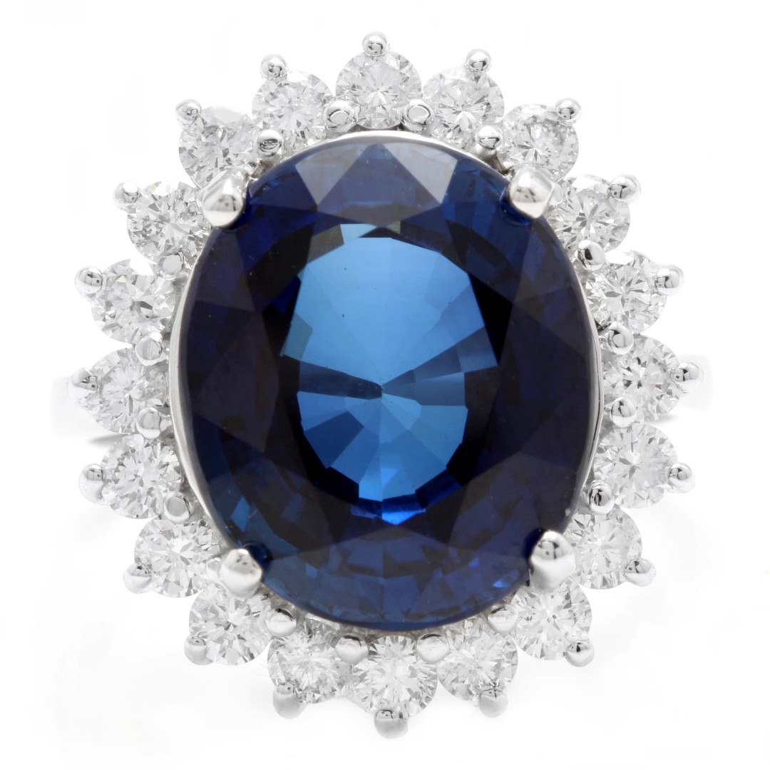 12.05Ct Lab Created Blue Sapphire & Natural Diamond 14K Solid White Gold Ring