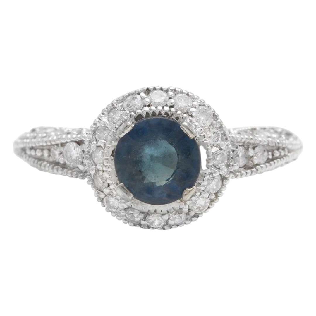 Estate Natural Blue Sapphire and Diamond 14K Solid White Gold Ring