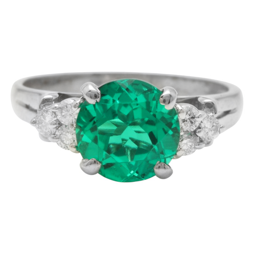 14K Solid White Gold Chatham Lab Created Emerald and Natural Diamond Ring