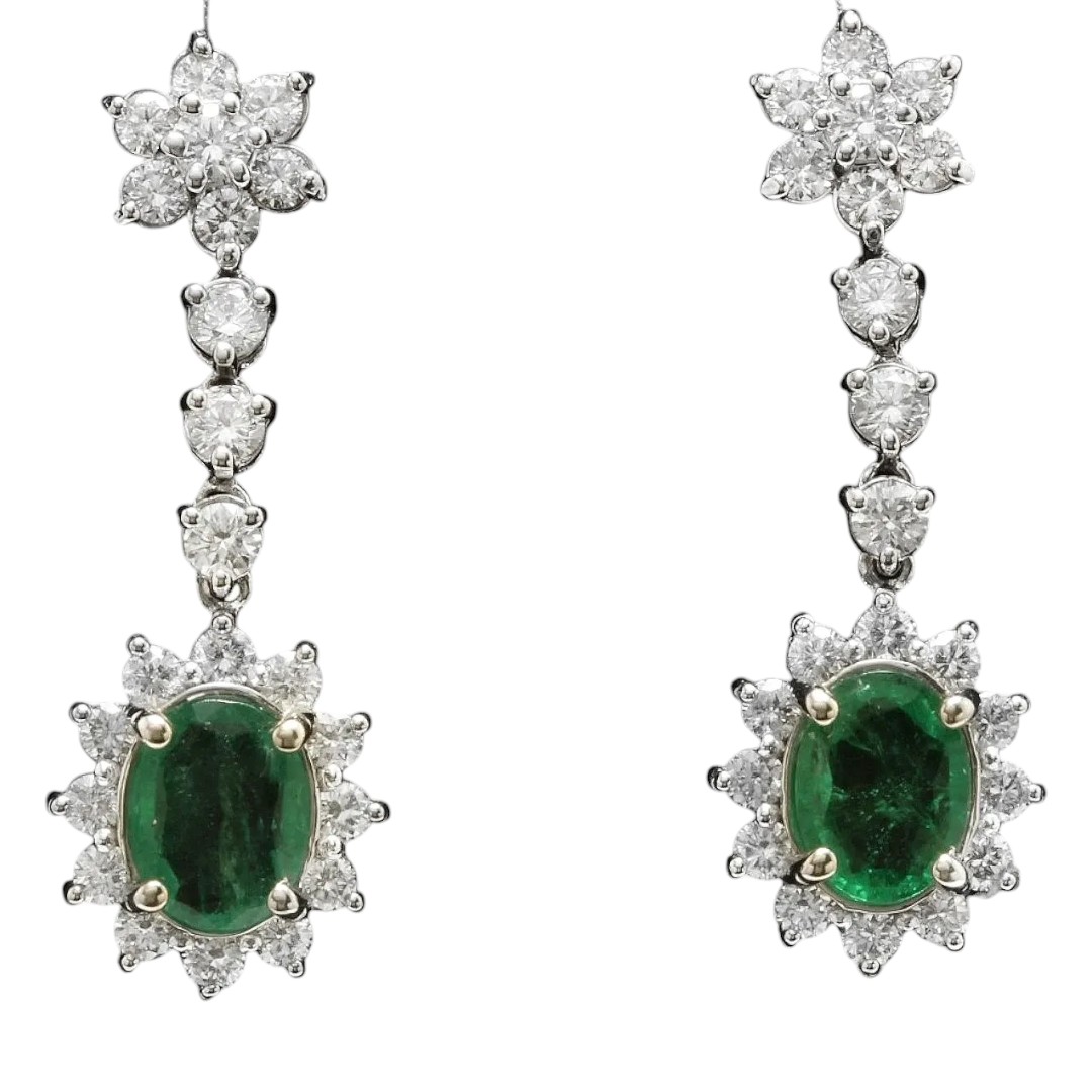 5.00 Carats Natural Emerald and Diamond 14K Solid White Gold Earrings