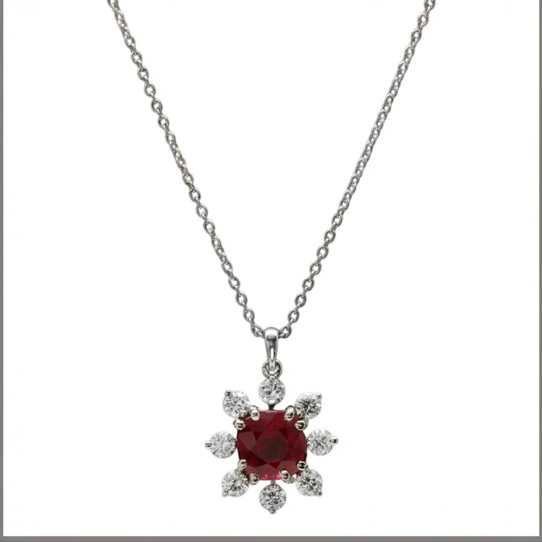 1.55Ct Natural Red Ruby and Diamond 14K Solid White Gold Necklace