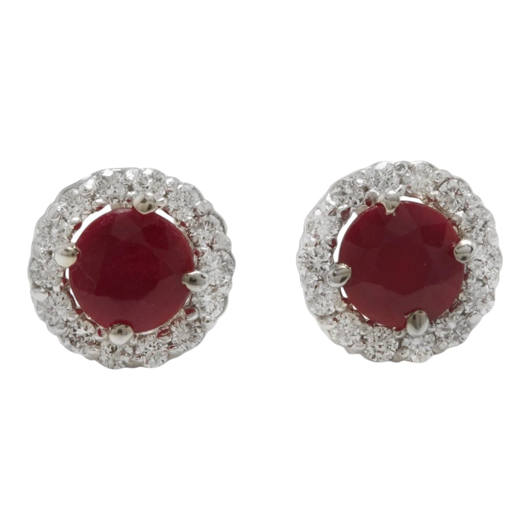 1.10 Carats Ruby and Natural Diamond 14K Solid White Gold  Earrings