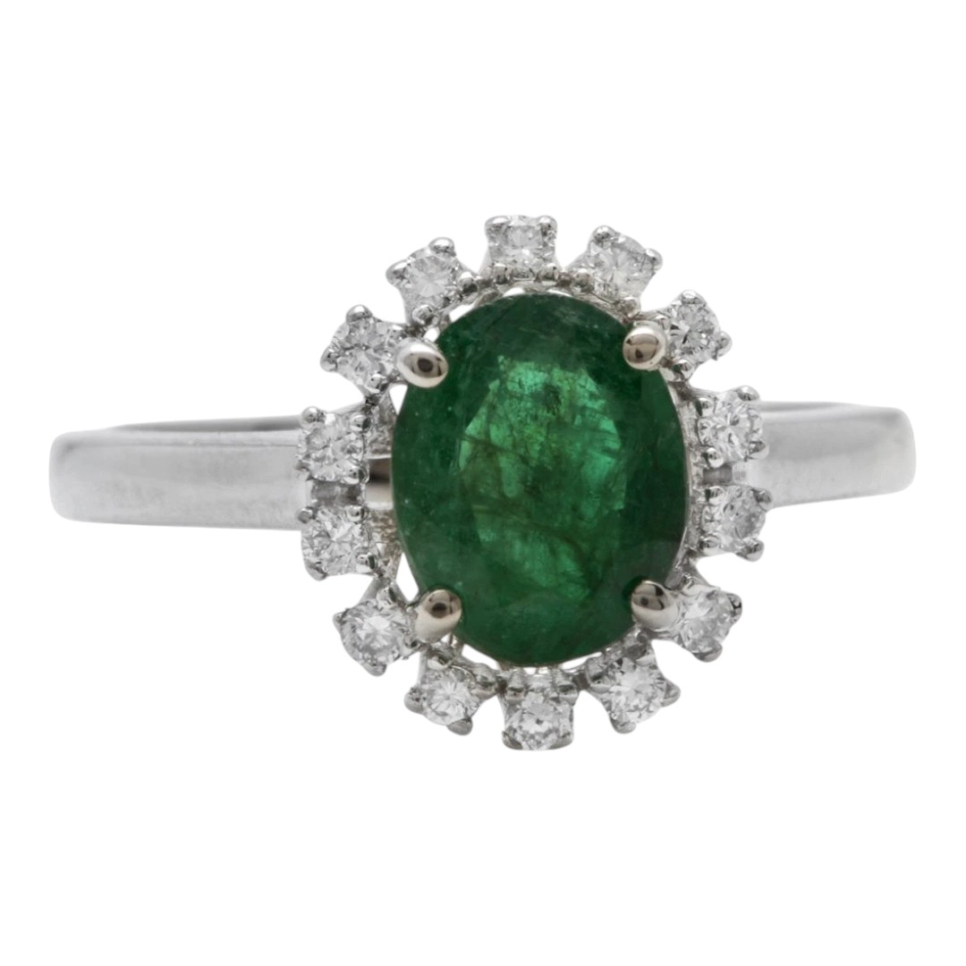 1.70 Carats Exquisite Emerald and Diamond 14K Solid White Gold Ring