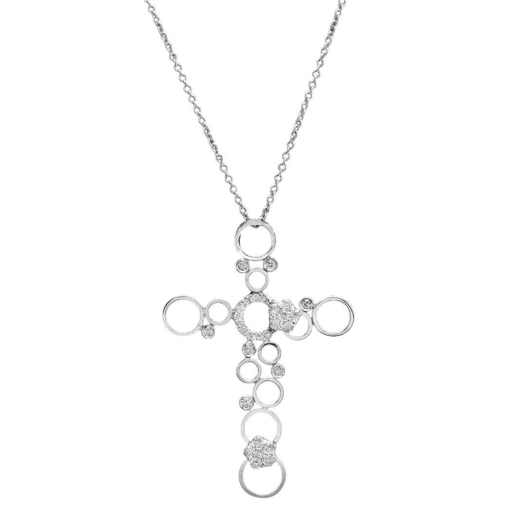 Natural Diamond Cross Necklace in 14K Solid White Gold