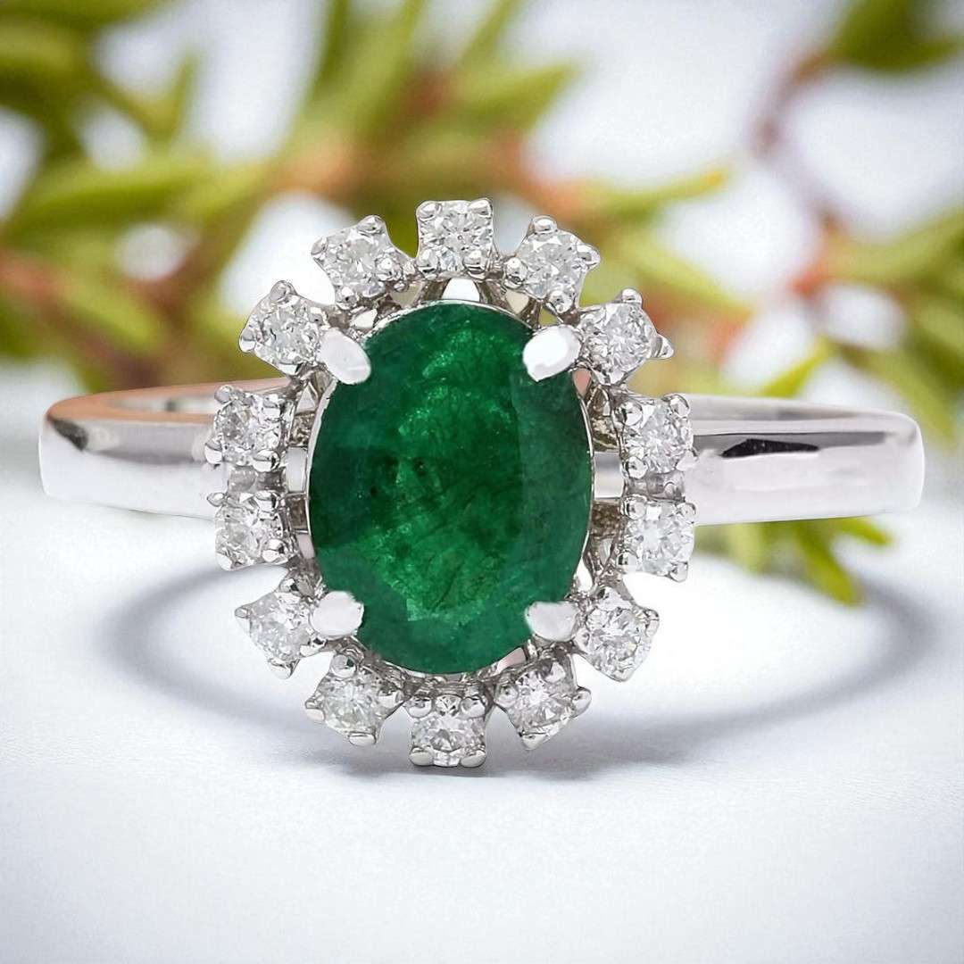 1.60Ct Natural Emerald and Diamond 14K Solid White Gold Ring