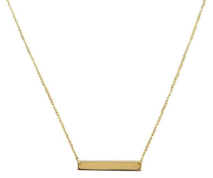 14k Solid Yellow Gold Bar Necklace with Diamond Accent