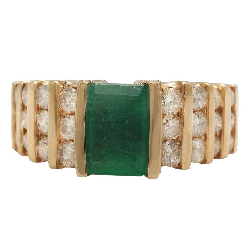  Natural Emerald and Diamond 18K Solid Yellow Gold Ring