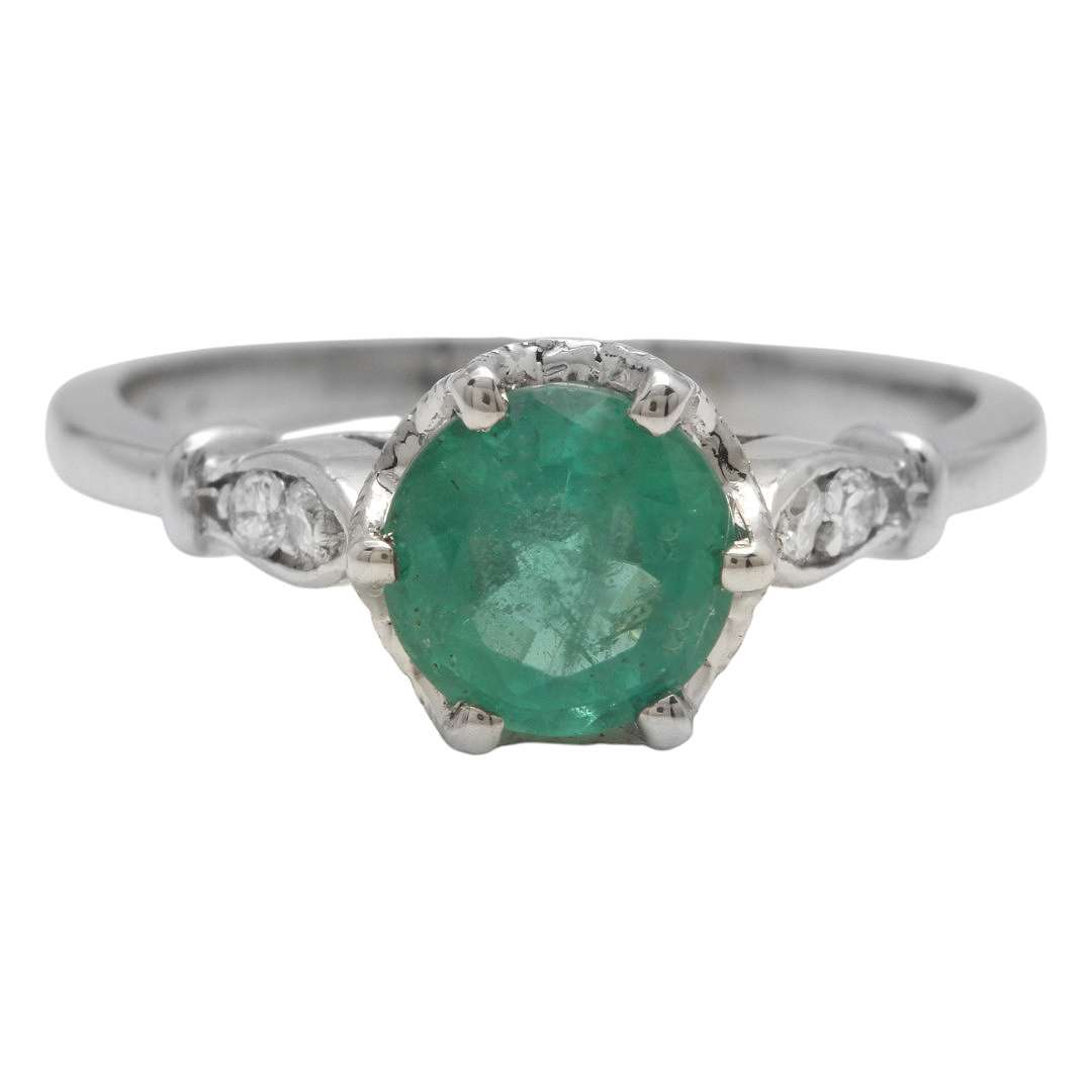  1.18 Carats Natural Emerald and Diamond 14K Solid White Gold Ring