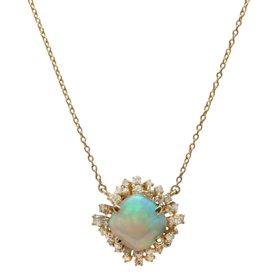 3.80Ct Natural Ethiopian Opal and Diamond 14K Solid Yellow Gold Necklace