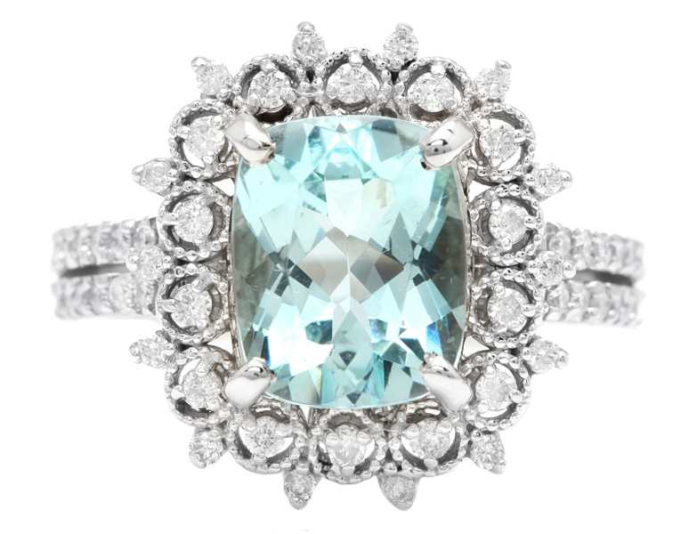 3.50 Carats Natural Aquamarine and Diamond 14K Solid White Gold Ring