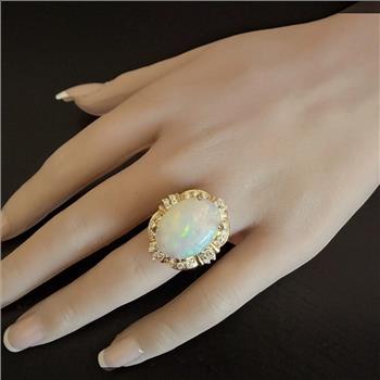 13.80 Carats Natural Ethiopian Opal and Diamond 14K Solid Yellow Gold Ring