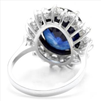 12.05Ct Lab Created Blue Sapphire & Natural Diamond 14K Solid White Gold Ring